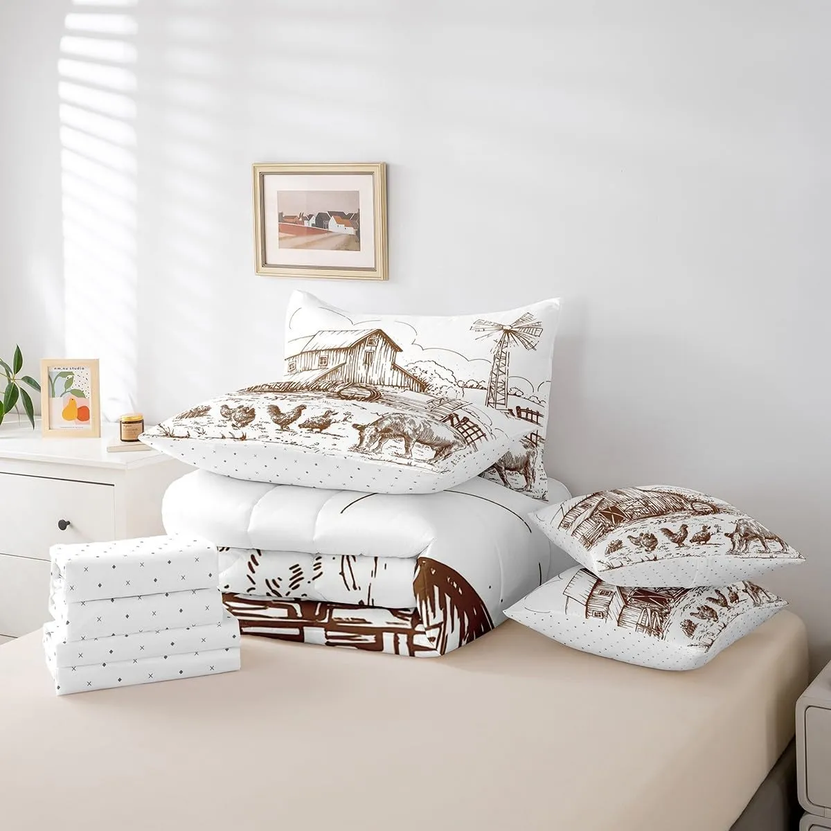 Erosebridal Windmill Queen Comforter Set 7 Pcs,Rustic Barn Farmhouse Bed in a Bag,Chick Cow Farm Animals Sheet Set,Hand Drawn Illustration Sheets,Countryside Rural Meadow Room Decor Bed Set,Taupe