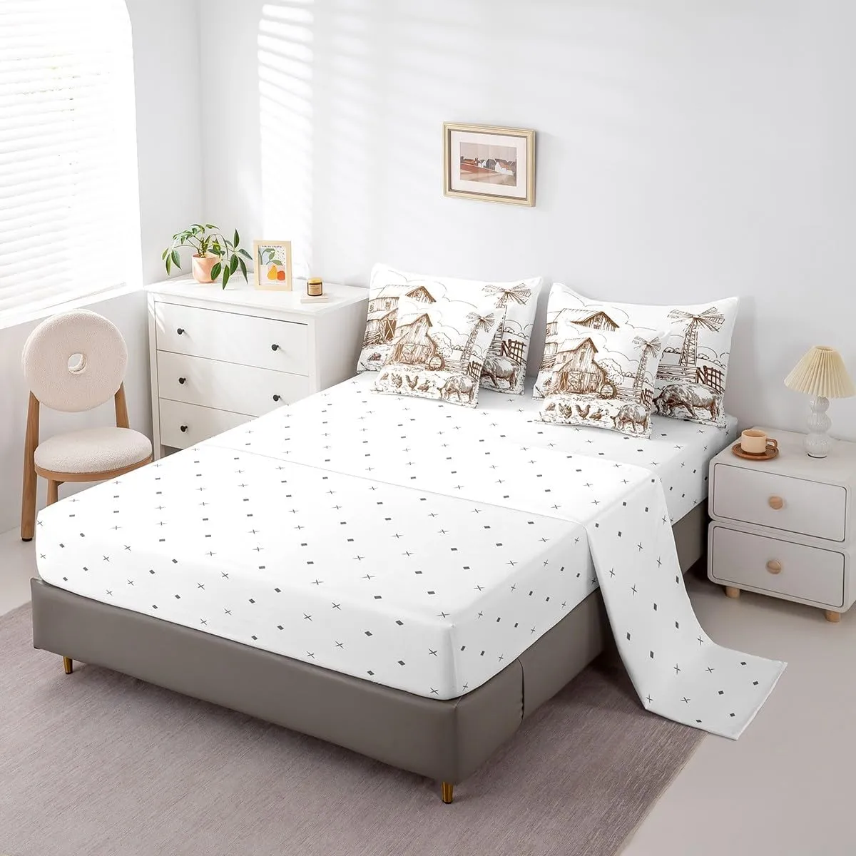 Erosebridal Windmill Queen Comforter Set 7 Pcs,Rustic Barn Farmhouse Bed in a Bag,Chick Cow Farm Animals Sheet Set,Hand Drawn Illustration Sheets,Countryside Rural Meadow Room Decor Bed Set,Taupe