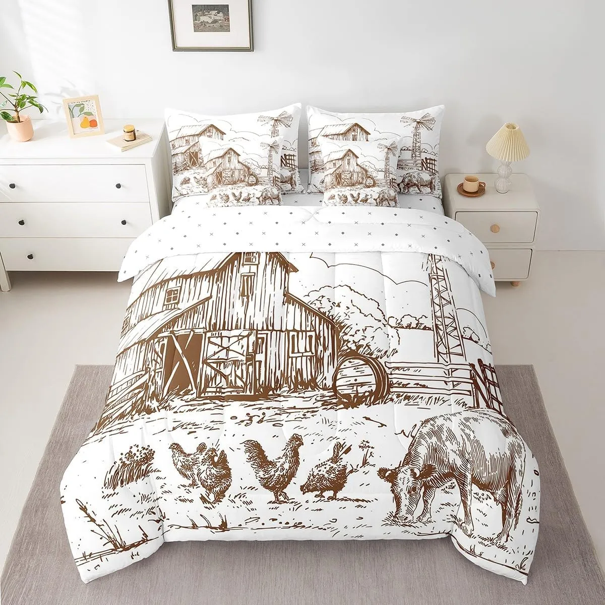 Erosebridal Windmill Queen Comforter Set 7 Pcs,Rustic Barn Farmhouse Bed in a Bag,Chick Cow Farm Animals Sheet Set,Hand Drawn Illustration Sheets,Countryside Rural Meadow Room Decor Bed Set,Taupe