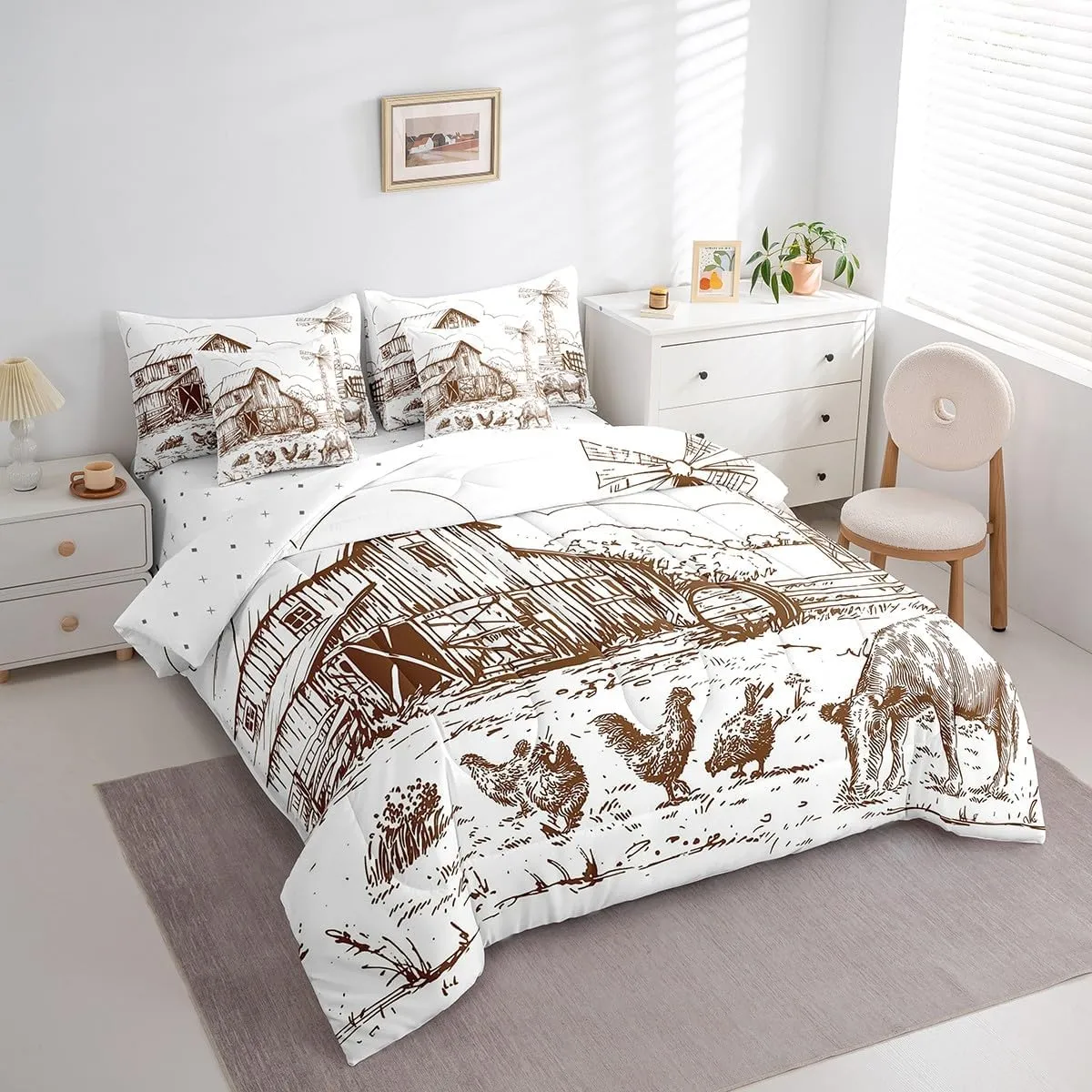 Erosebridal Windmill Queen Comforter Set 7 Pcs,Rustic Barn Farmhouse Bed in a Bag,Chick Cow Farm Animals Sheet Set,Hand Drawn Illustration Sheets,Countryside Rural Meadow Room Decor Bed Set,Taupe