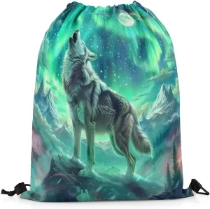 Erosebridal Wolf Drawstring Backpack,Aurora Natural Dreamy Drawstring Bags,Wildlife Animal Print Draw String Back Bag,North Pole Northern Lights String Backpack,13x15.7