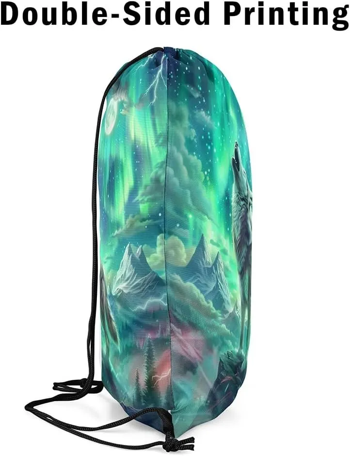 Erosebridal Wolf Drawstring Backpack,Aurora Natural Dreamy Drawstring Bags,Wildlife Animal Print Draw String Back Bag,North Pole Northern Lights String Backpack,13x15.7