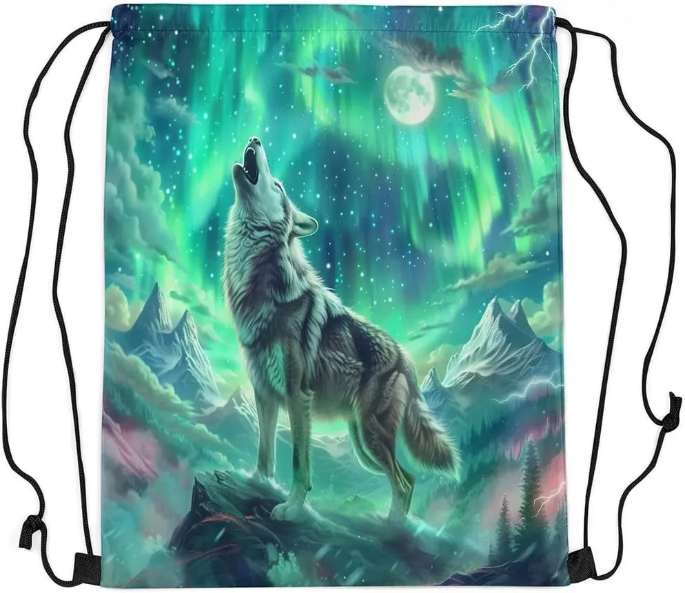 Erosebridal Wolf Drawstring Backpack,Aurora Natural Dreamy Drawstring Bags,Wildlife Animal Print Draw String Back Bag,North Pole Northern Lights String Backpack,13x15.7