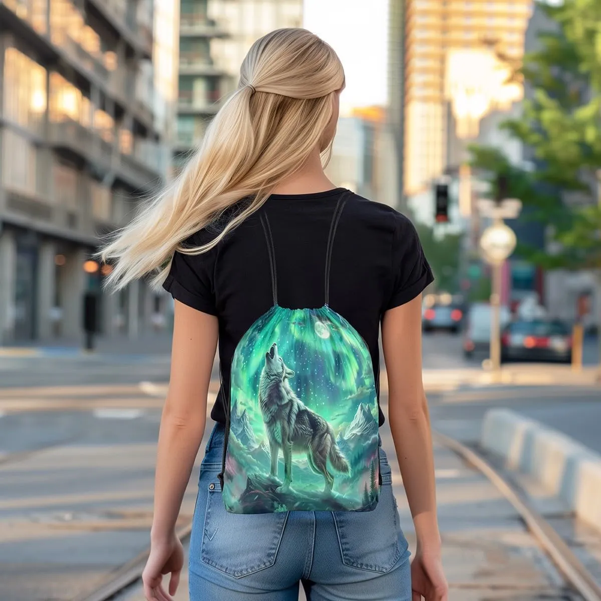 Erosebridal Wolf Drawstring Backpack,Aurora Natural Dreamy Drawstring Bags,Wildlife Animal Print Draw String Back Bag,North Pole Northern Lights String Backpack,13x15.7