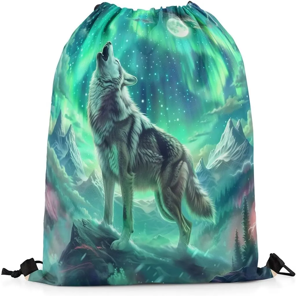 Erosebridal Wolf Drawstring Backpack,Aurora Natural Dreamy Drawstring Bags,Wildlife Animal Print Draw String Back Bag,North Pole Northern Lights String Backpack,13x15.7