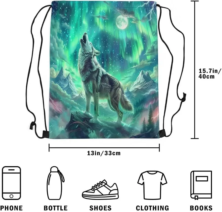 Erosebridal Wolf Drawstring Backpack,Aurora Natural Dreamy Drawstring Bags,Wildlife Animal Print Draw String Back Bag,North Pole Northern Lights String Backpack,13x15.7