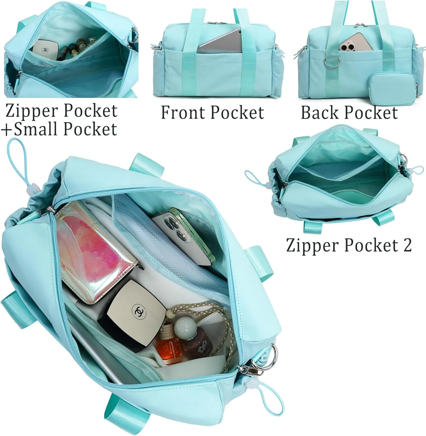 Everyday Mini Gym Bag for Women 2.0, Small Tote with Zipper Compartment Waterproof Travel Duffle Cute Handbag Workout Carry On with Removeable Shoulder Strap & Coin Wallet Easy to Clean - Blue