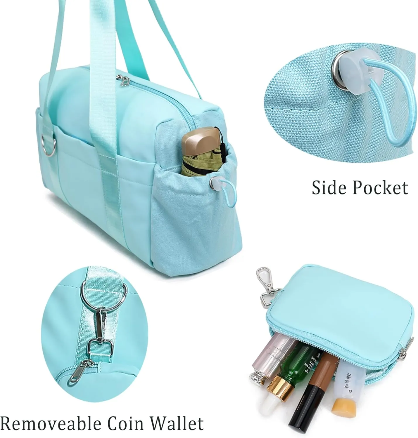 Everyday Mini Gym Bag for Women 2.0, Small Tote with Zipper Compartment Waterproof Travel Duffle Cute Handbag Workout Carry On with Removeable Shoulder Strap & Coin Wallet Easy to Clean - Blue