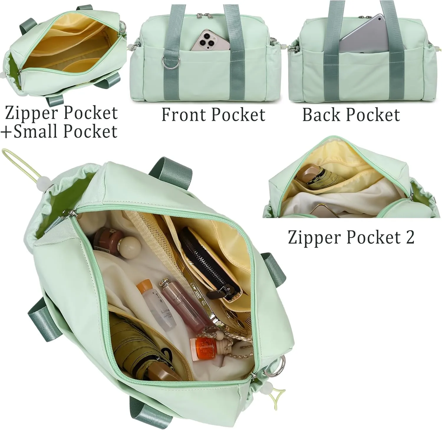 Everyday Mini Gym Bag for Women 2.0, Small Tote with Zipper Compartment Waterproof Travel Duffle Cute Handbag Workout Carry On with Removeable Shoulder Strap & Coin Wallet Easy to Clean - Green