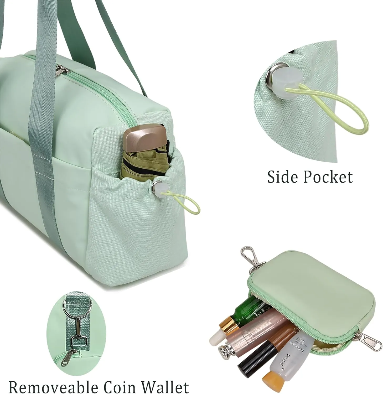 Everyday Mini Gym Bag for Women 2.0, Small Tote with Zipper Compartment Waterproof Travel Duffle Cute Handbag Workout Carry On with Removeable Shoulder Strap & Coin Wallet Easy to Clean - Green