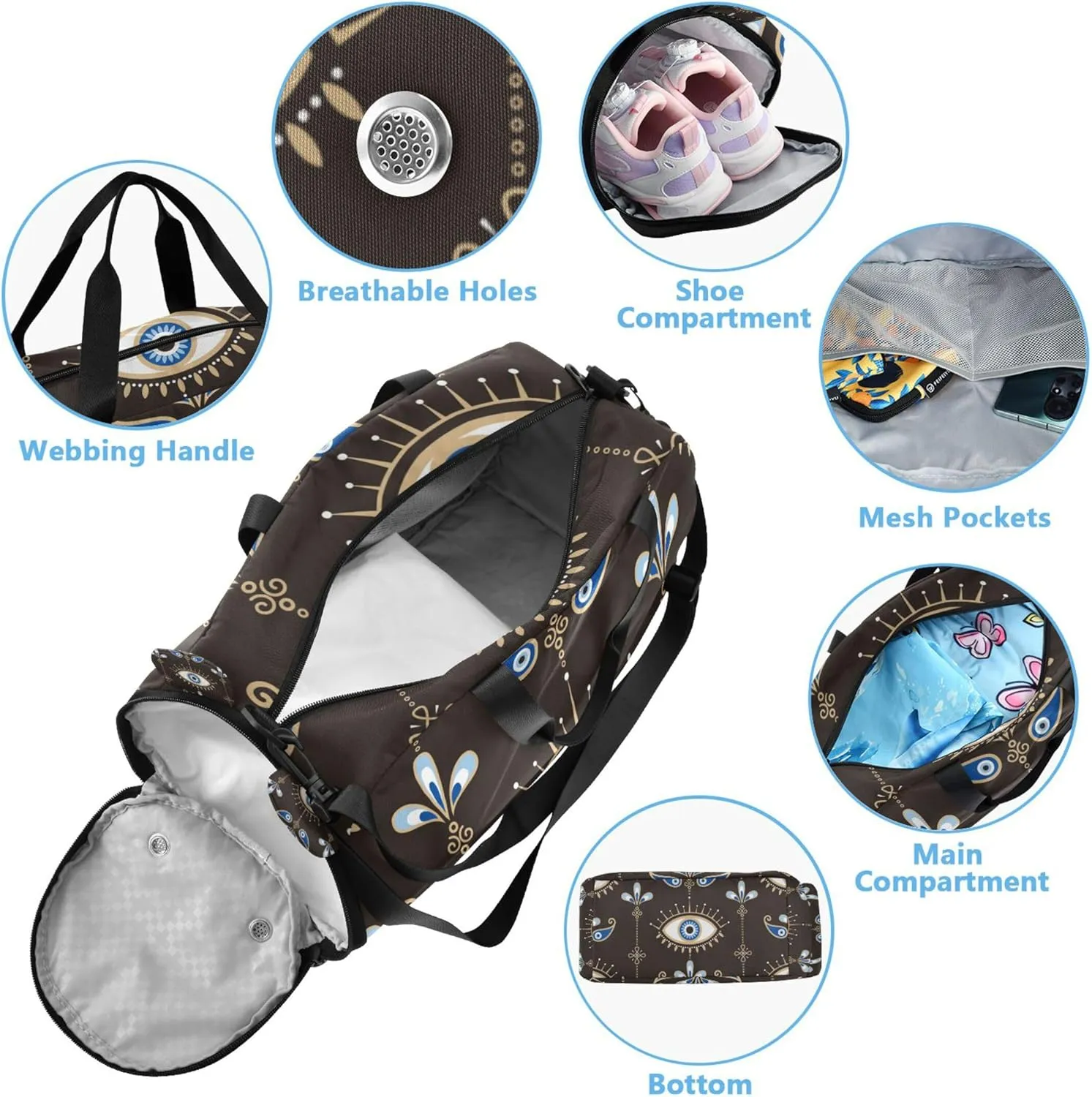 Evil Eyes with Flowers Duffel Bag with Shoes Compartment Lightweight Travel Duffel Bag for School Practice, Sports, Travel