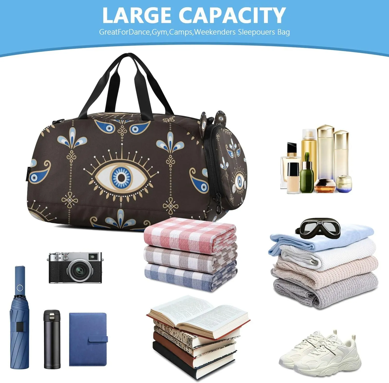 Evil Eyes with Flowers Duffel Bag with Shoes Compartment Lightweight Travel Duffel Bag for School Practice, Sports, Travel