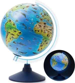Exerz 25CM Zoo-Geo Illuminated Globe with Cable Free LED Light/ 2 in 1/ Day and Night - English Map - Physical and Zoo Dual Map - Light up Globe - Educational and Fun, for School, Children, Family