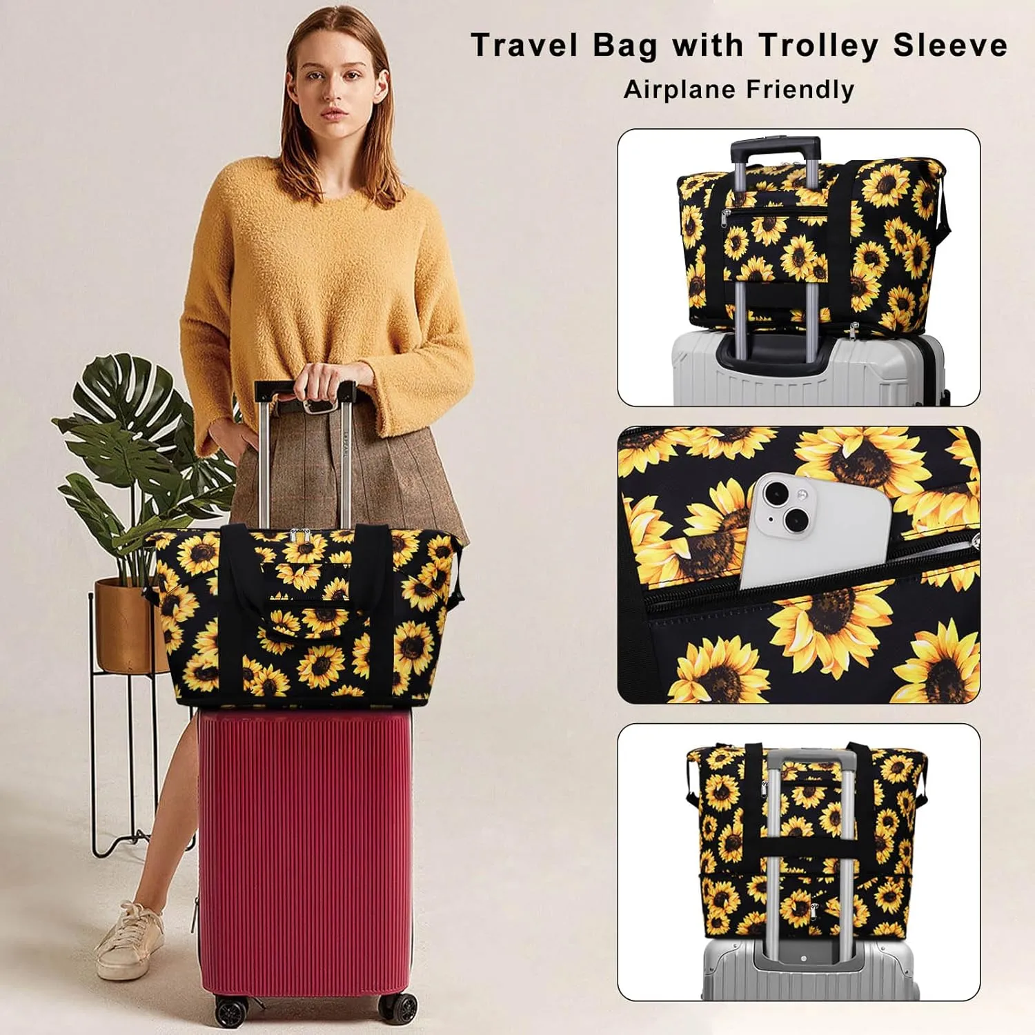 Expandable Duffel Bag for Women with Trolley Sleeve/Wet Pocket Weekender Travel Tote Large Carry On Overnight Luggage
