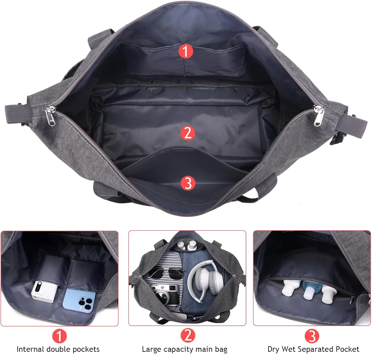 Expandable Duffle Bag for Travel, Weekender Overnight Carry On Bag for Women Men, Waterproof Large Capacity Travel Bag with Detachable Shoulder Strap and Wet Pocket(Grey)