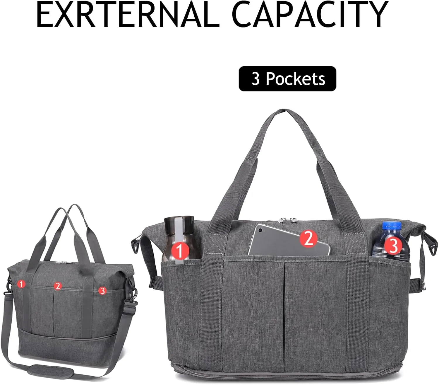 Expandable Duffle Bag for Travel, Weekender Overnight Carry On Bag for Women Men, Waterproof Large Capacity Travel Bag with Detachable Shoulder Strap and Wet Pocket(Grey)