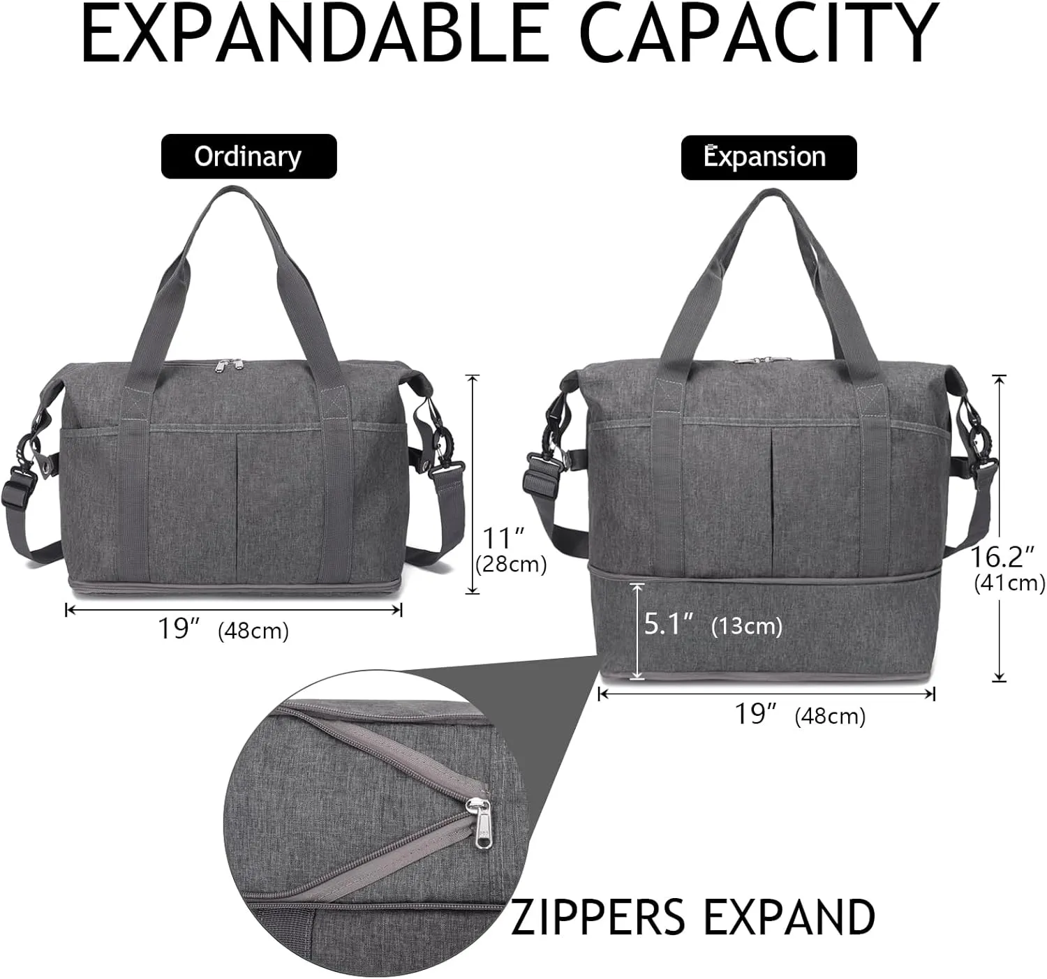 Expandable Duffle Bag for Travel, Weekender Overnight Carry On Bag for Women Men, Waterproof Large Capacity Travel Bag with Detachable Shoulder Strap and Wet Pocket(Grey)