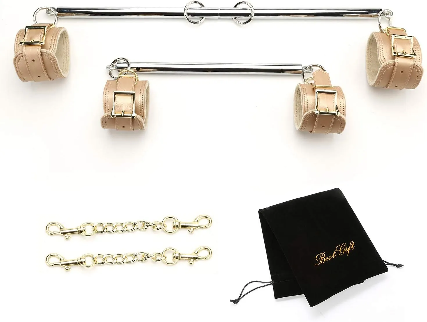Expandable Exercise Silvery Spreader Bar Set with 4 pcs Gold Plush Leather Fur Adjustable Straps Yoga Gym Kit