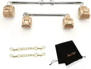 Expandable Exercise Silvery Spreader Bar Set with 4 pcs Gold Plush Leather Fur Adjustable Straps Yoga Gym Kit