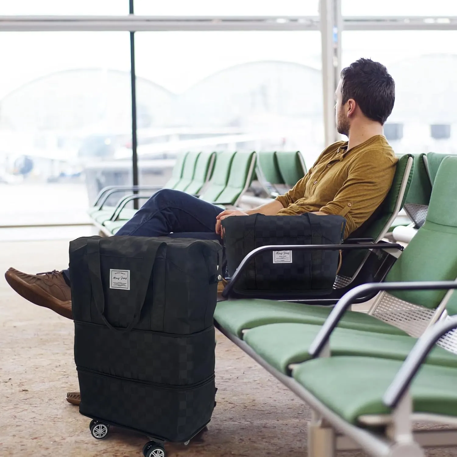 Expandable foldable duffel bag suitcase, detachable rolling wheels,carry-on large duffel bag,luggage bag,suit gym,camping,travel or business trip,Gift for wife and parents-Checkerboard(BLACK)
