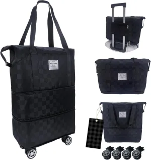 Expandable foldable duffel bag suitcase, detachable rolling wheels,carry-on large duffel bag,luggage bag,suit gym,camping,travel or business trip,Gift for wife and parents-Checkerboard(BLACK)