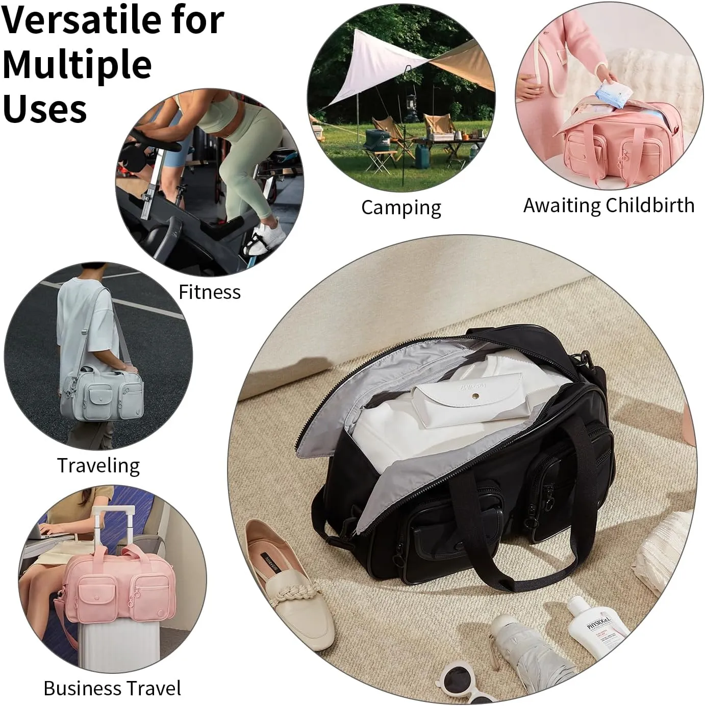 Expandable Travel Duffel Bag, Elegant Black Duffle Bag for Travel with Wet Pocket, Carry on Weekender Bags for Men Women, Water Resistant Gym Duffel Bag Sport Bag
