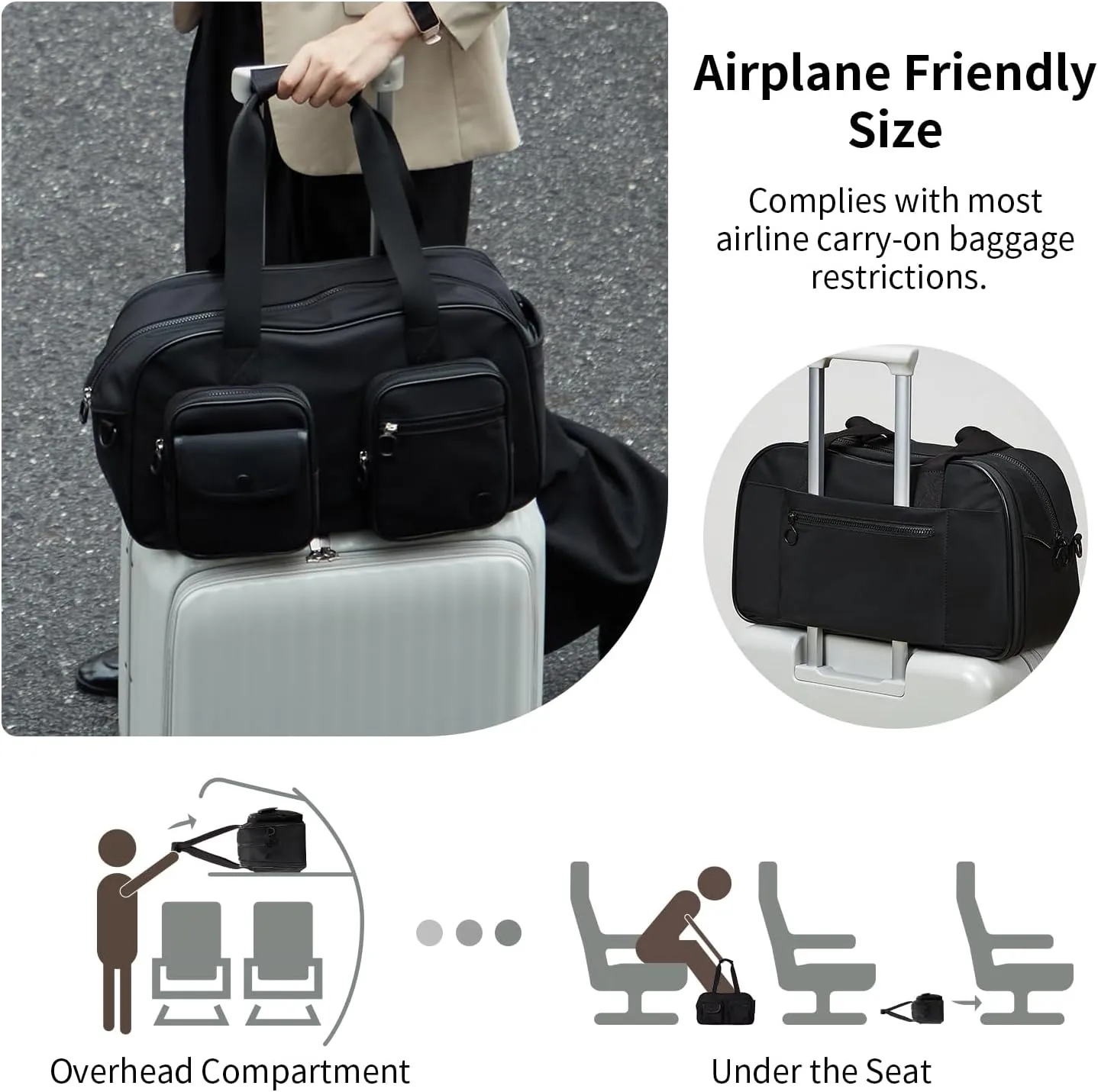 Expandable Travel Duffel Bag, Elegant Black Duffle Bag for Travel with Wet Pocket, Carry on Weekender Bags for Men Women, Water Resistant Gym Duffel Bag Sport Bag