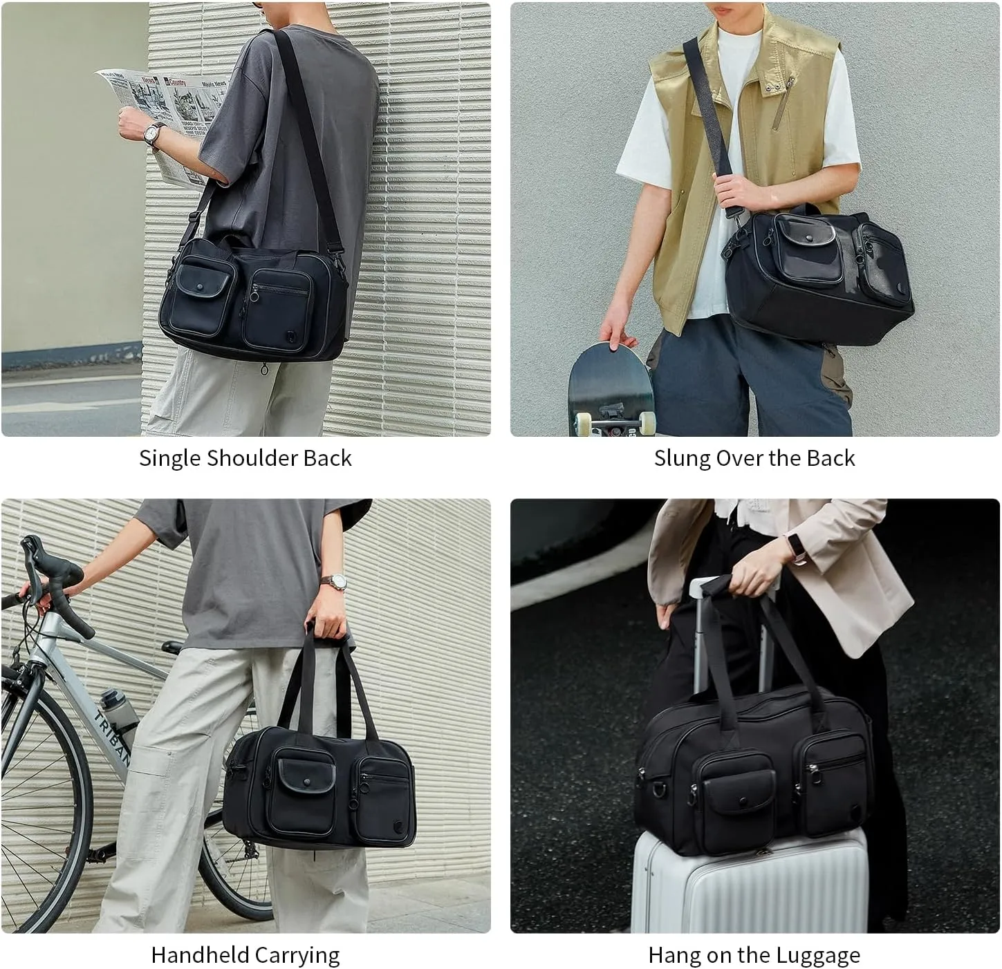Expandable Travel Duffel Bag, Elegant Black Duffle Bag for Travel with Wet Pocket, Carry on Weekender Bags for Men Women, Water Resistant Gym Duffel Bag Sport Bag
