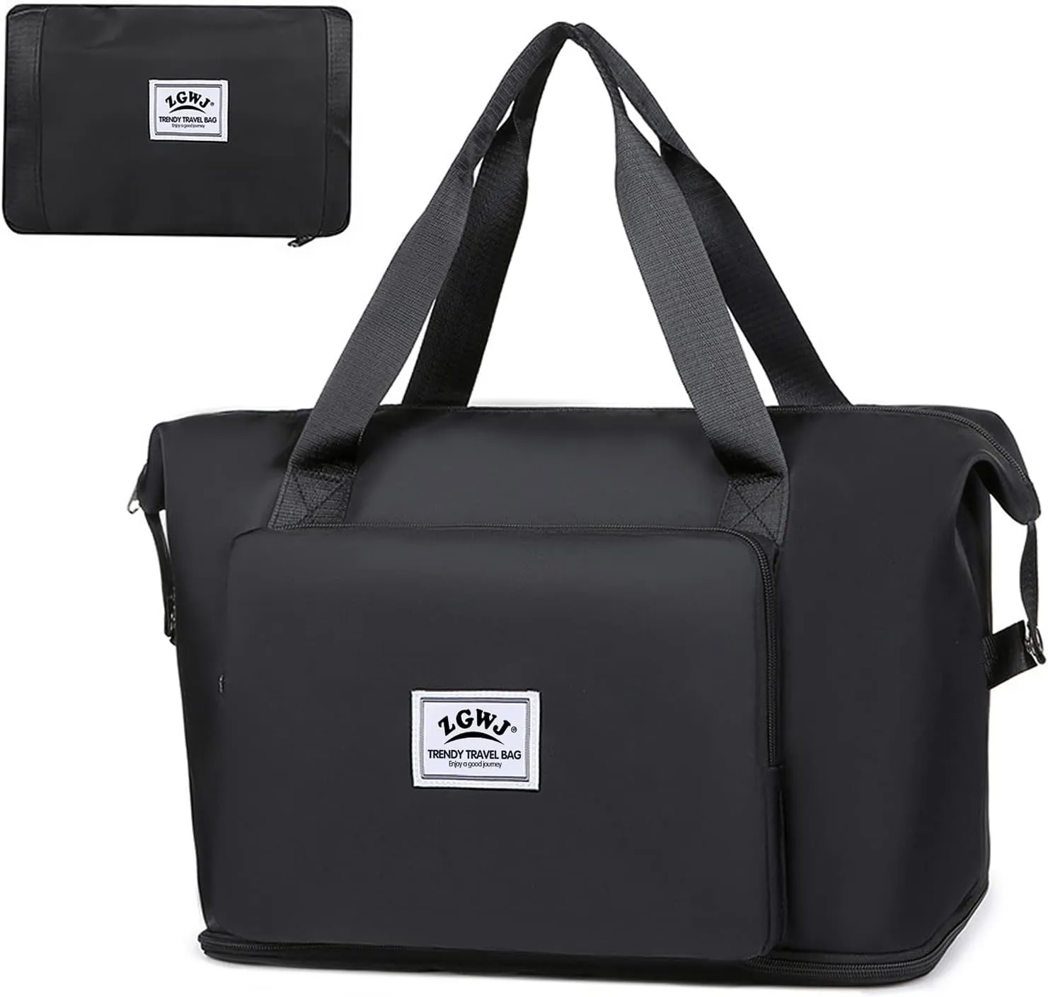 Expandable Travel Duffel Tote Bag - Foldable Overnight Weekender, Carry-On, Swim & Gym Bag - Fits Spirit Airlines Personal Item Size - Lightweight, Waterproof & Durable with Trolley Sleeve,Black