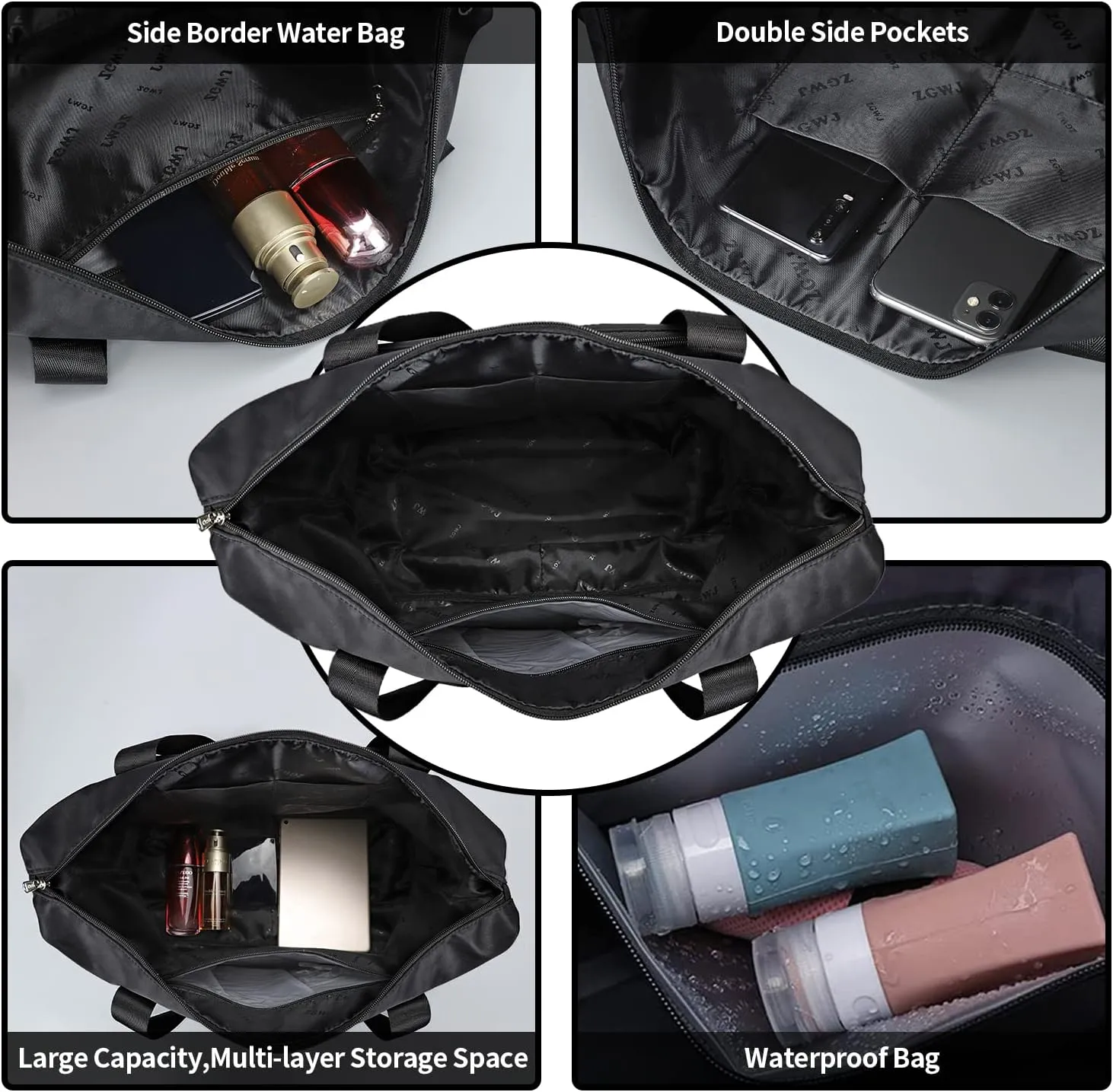 Expandable Travel Duffel Tote Bag - Foldable Overnight Weekender, Carry-On, Swim & Gym Bag - Fits Spirit Airlines Personal Item Size - Lightweight, Waterproof & Durable with Trolley Sleeve,Black