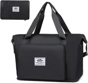 Expandable Travel Duffel Tote Bag - Foldable Overnight Weekender, Carry-On, Swim & Gym Bag - Fits Spirit Airlines Personal Item Size - Lightweight, Waterproof & Durable with Trolley Sleeve,Black