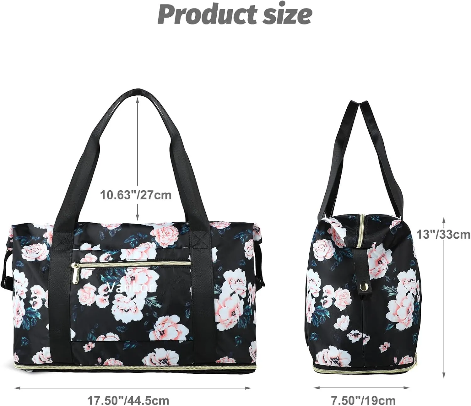 Expandable Travel Duffle Bag for Travel, Carry on Tote Bag Weekender Overnight Hosptital Bag for Men Women Lightweight Luggage Maternity Bag Black Floral