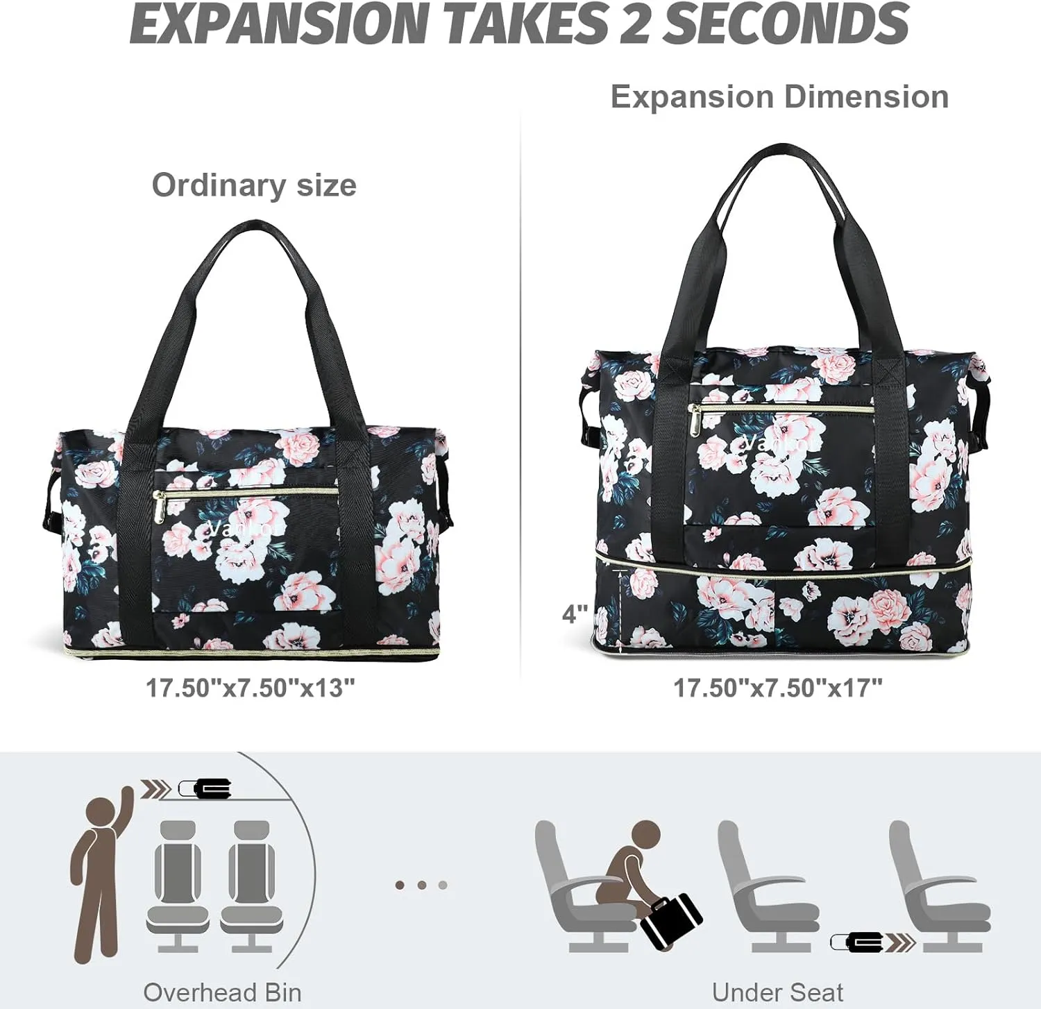 Expandable Travel Duffle Bag for Travel, Carry on Tote Bag Weekender Overnight Hosptital Bag for Men Women Lightweight Luggage Maternity Bag Black Floral