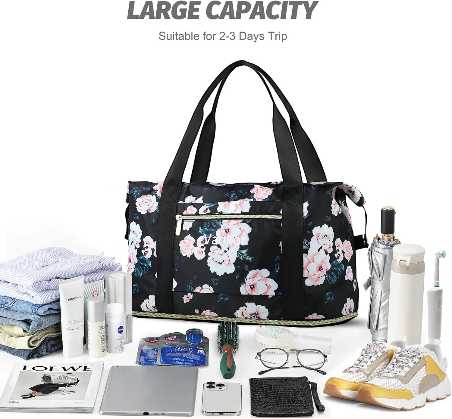 Expandable Travel Duffle Bag for Travel, Carry on Tote Bag Weekender Overnight Hosptital Bag for Men Women Lightweight Luggage Maternity Bag Black Floral