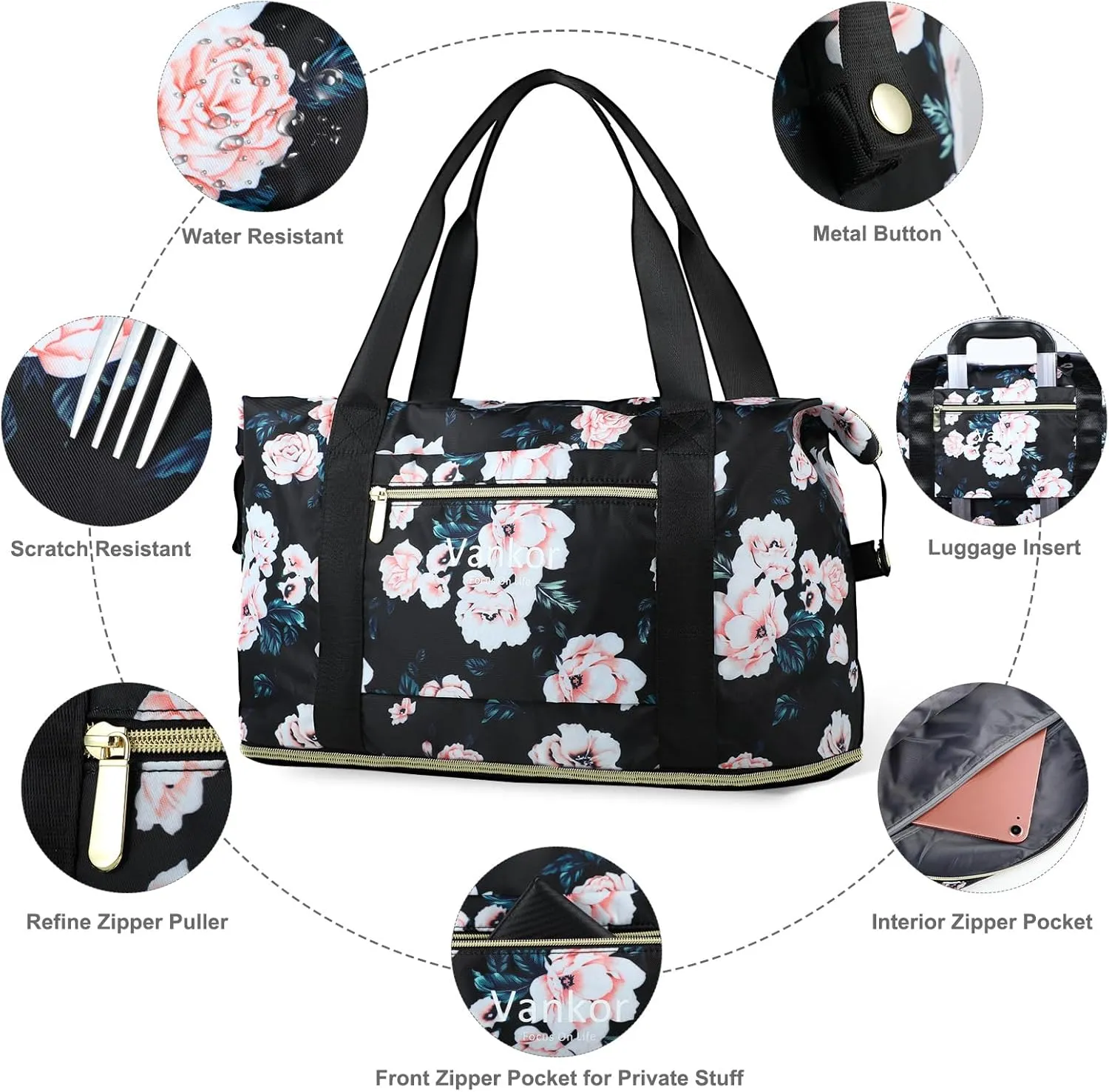 Expandable Travel Duffle Bag for Travel, Carry on Tote Bag Weekender Overnight Hosptital Bag for Men Women Lightweight Luggage Maternity Bag Black Floral