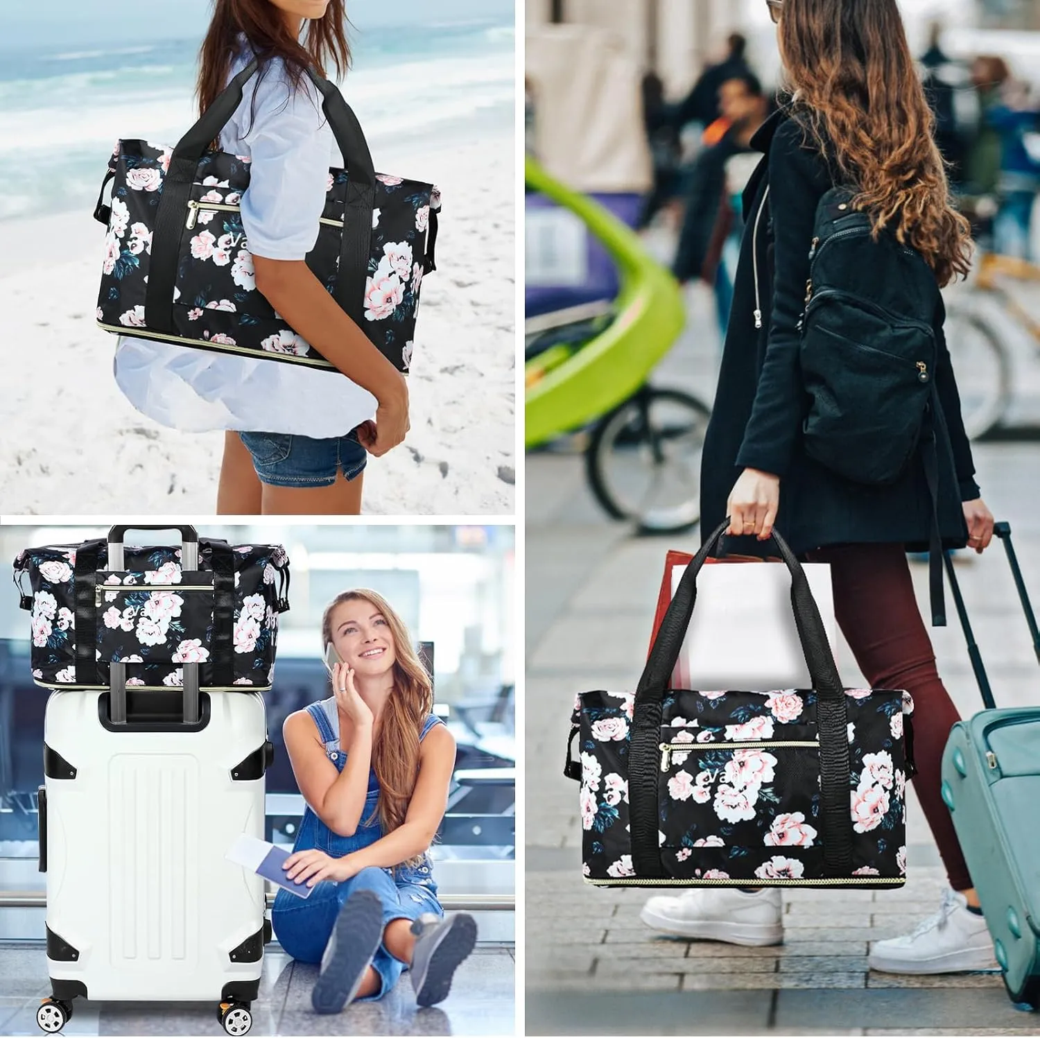 Expandable Travel Duffle Bag for Travel, Carry on Tote Bag Weekender Overnight Hosptital Bag for Men Women Lightweight Luggage Maternity Bag Black Floral