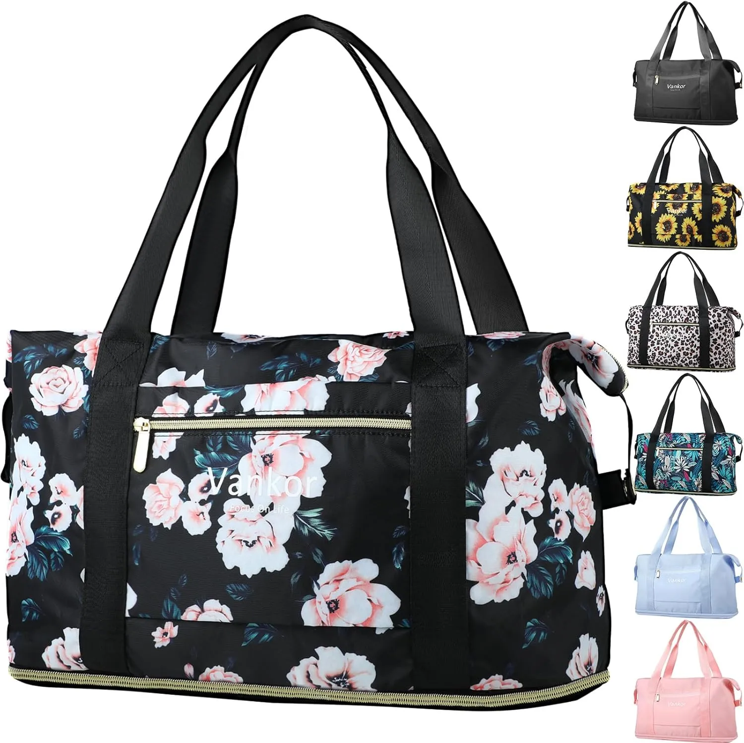 Expandable Travel Duffle Bag for Travel, Carry on Tote Bag Weekender Overnight Hosptital Bag for Men Women Lightweight Luggage Maternity Bag Black Floral