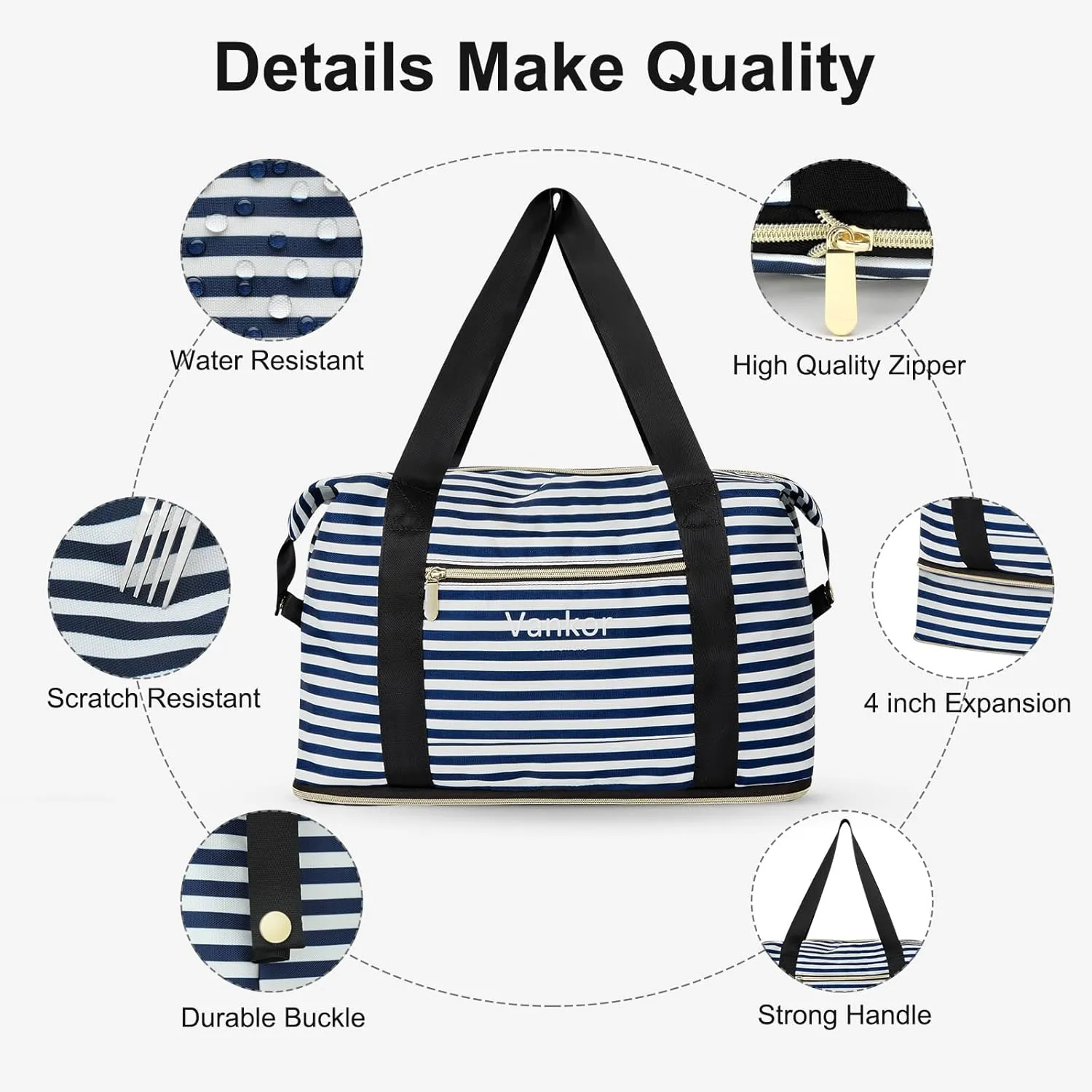 Expandable Travel Duffle Bag for Travel, Foldable Carry on Tote Bag Weekender Overnight Hosptital Bag for Men Women Lightweight Luggage Maternity Bag Blue White Stripe