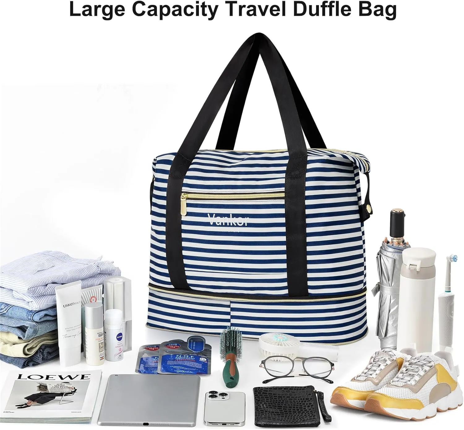 Expandable Travel Duffle Bag for Travel, Foldable Carry on Tote Bag Weekender Overnight Hosptital Bag for Men Women Lightweight Luggage Maternity Bag Blue White Stripe