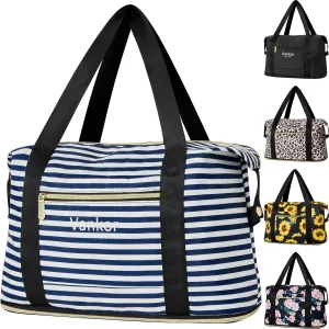 Expandable Travel Duffle Bag for Travel, Foldable Carry on Tote Bag Weekender Overnight Hosptital Bag for Men Women Lightweight Luggage Maternity Bag Blue White Stripe