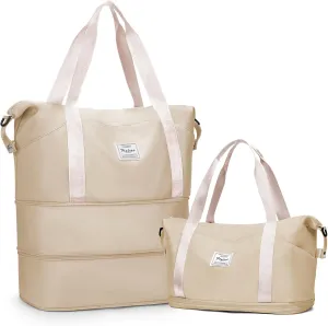 Expandable Travel Duffle Bag for Women Men, Large Gym Bag Travel Tote Bags, Waterproof Carry On Personal Item Bag Airline Approved, Workout Weekender Bag for Overnight Trips with Luggage Sleeve, Khaki
