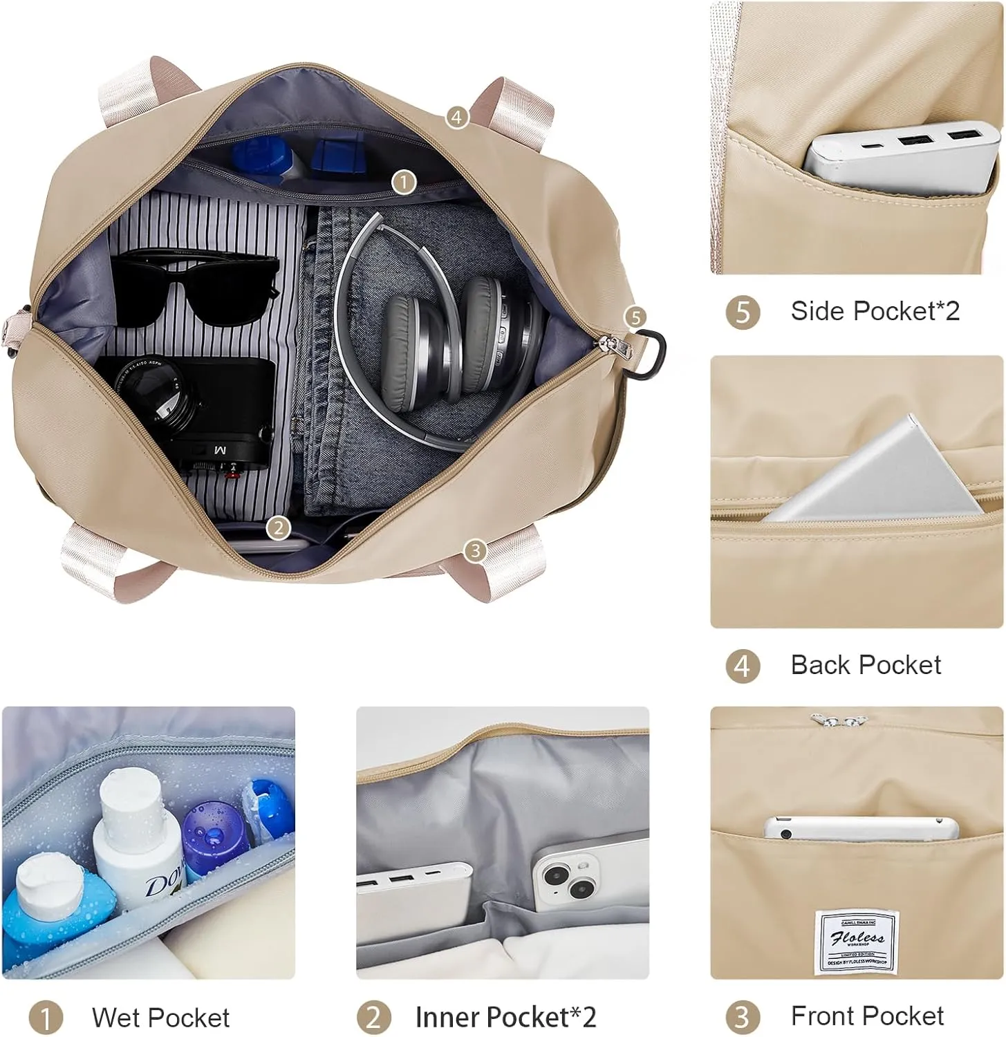 Expandable Travel Duffle Bag for Women Men, Large Gym Bag Travel Tote Bags, Waterproof Carry On Personal Item Bag Airline Approved, Workout Weekender Bag for Overnight Trips with Luggage Sleeve, Khaki