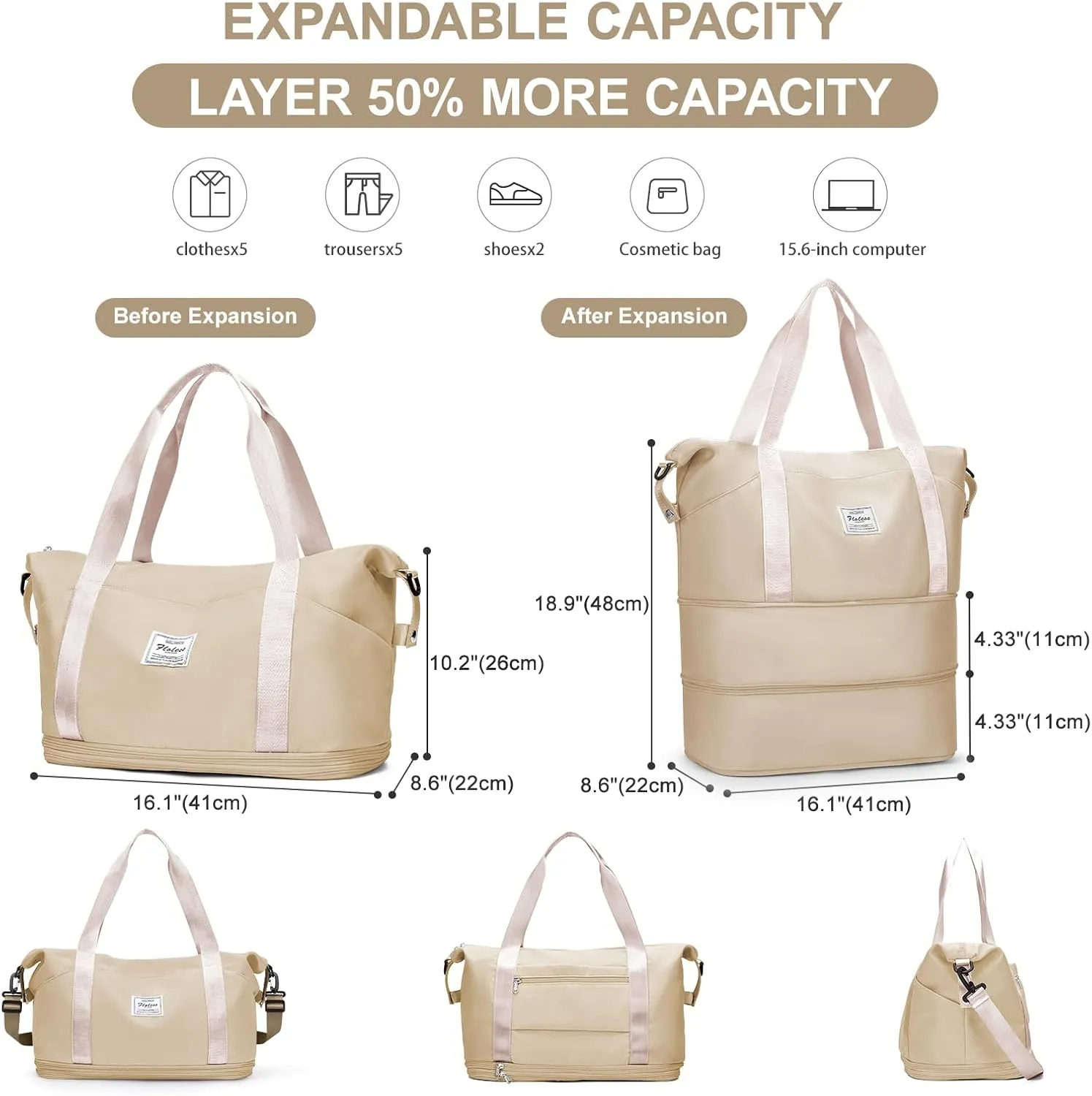 Expandable Travel Duffle Bag for Women Men, Large Gym Bag Travel Tote Bags, Waterproof Carry On Personal Item Bag Airline Approved, Workout Weekender Bag for Overnight Trips with Luggage Sleeve, Khaki