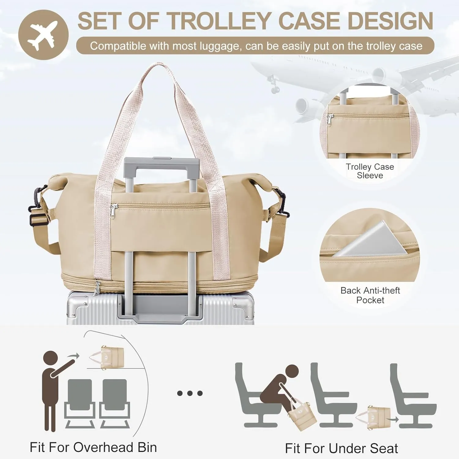 Expandable Travel Duffle Bag for Women Men, Large Gym Bag Travel Tote Bags, Waterproof Carry On Personal Item Bag Airline Approved, Workout Weekender Bag for Overnight Trips with Luggage Sleeve, Khaki