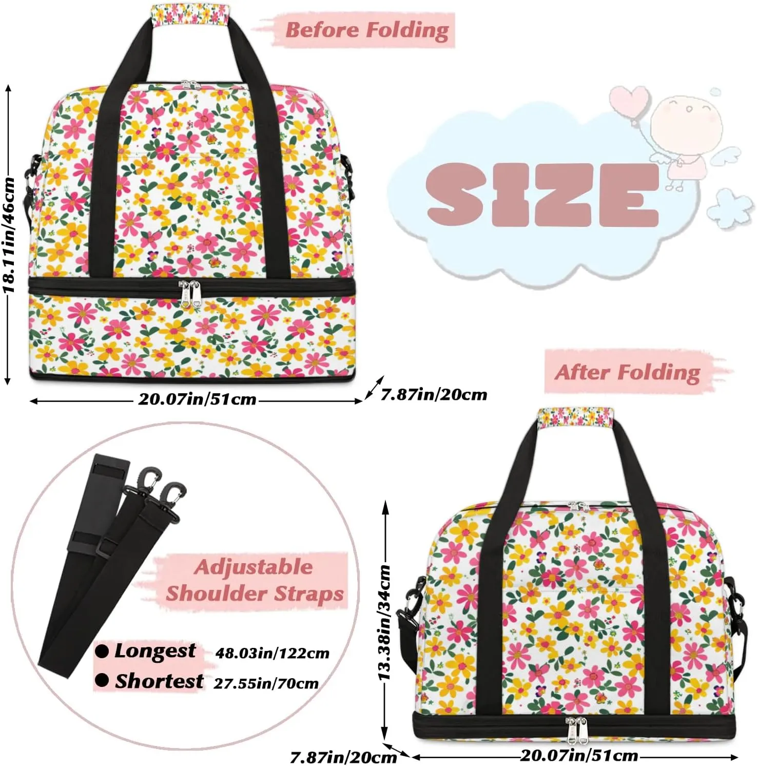 Exquisite Drawing Flora Printings Travel Duffle Bag, Collapsible Travel Bag Sports Gym Bag With Shoes Compartment Weekender Bag Overnight Bag For Women Men