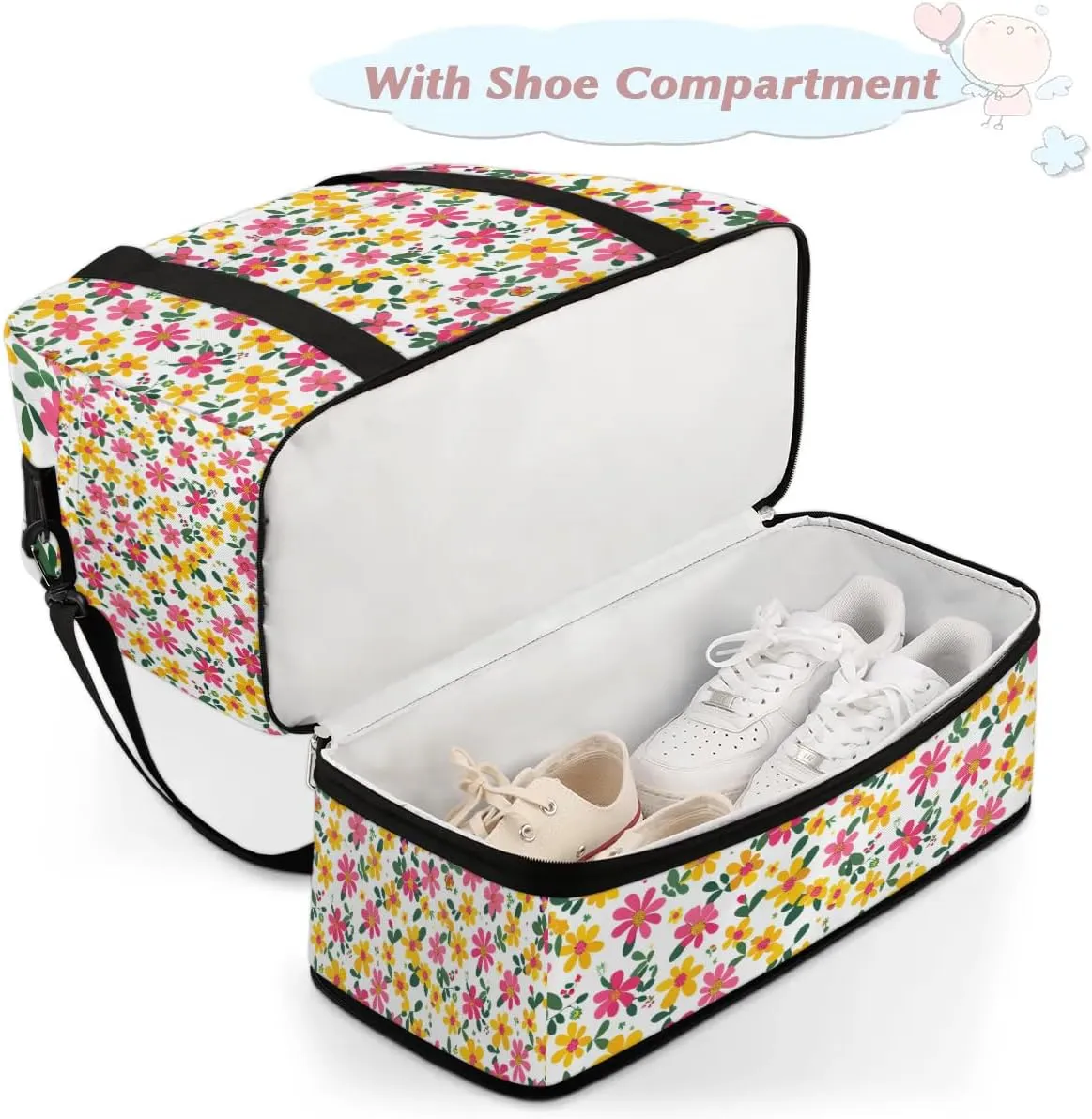 Exquisite Drawing Flora Printings Travel Duffle Bag, Collapsible Travel Bag Sports Gym Bag With Shoes Compartment Weekender Bag Overnight Bag For Women Men