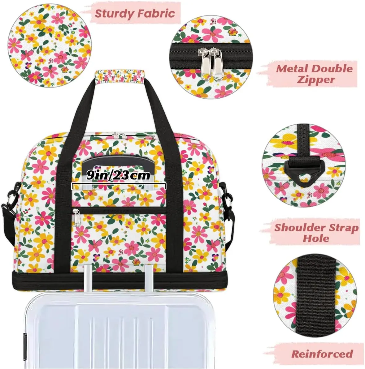Exquisite Drawing Flora Printings Travel Duffle Bag, Collapsible Travel Bag Sports Gym Bag With Shoes Compartment Weekender Bag Overnight Bag For Women Men