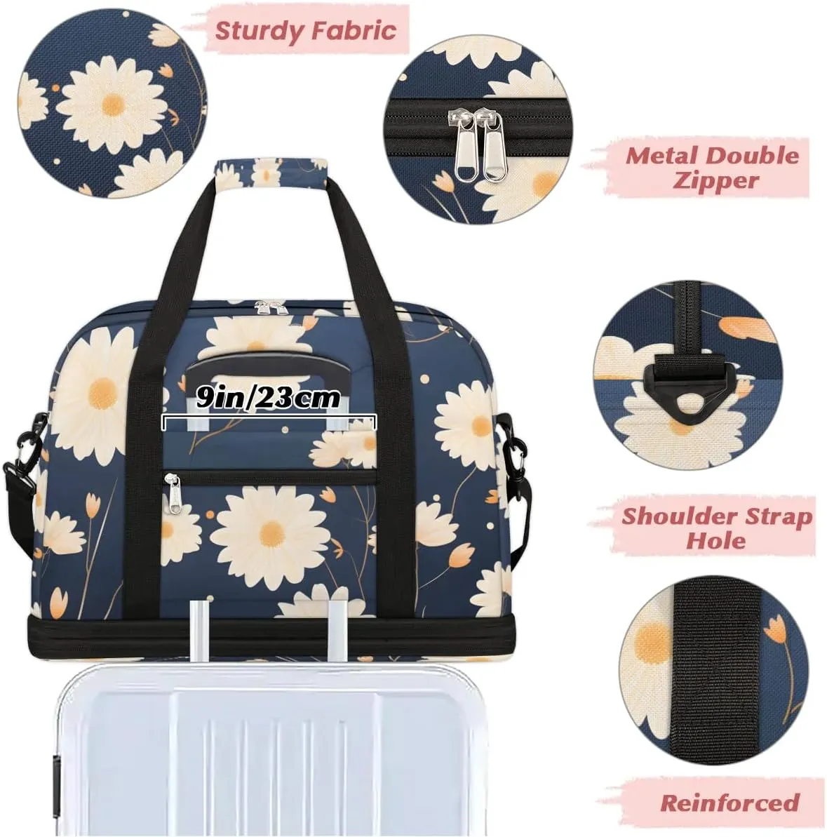 Exquisite Drawing Flower Print Travel Duffle Bag, Collapsible Travel Bag Sports Gym Bag With Shoes Compartment Weekender Bag Overnight Bag For Women Men