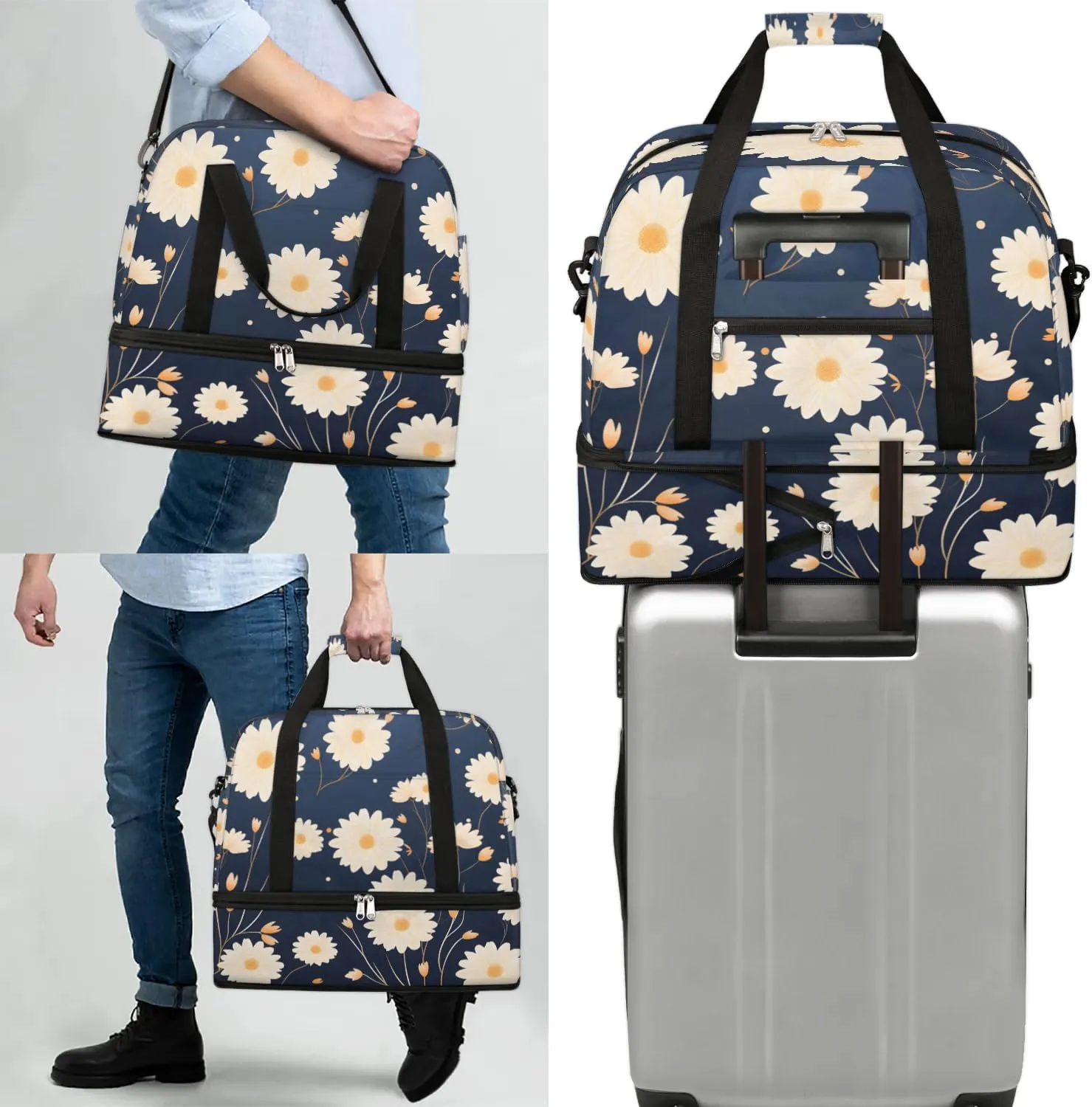 Exquisite Drawing Flower Print Travel Duffle Bag, Collapsible Travel Bag Sports Gym Bag With Shoes Compartment Weekender Bag Overnight Bag For Women Men