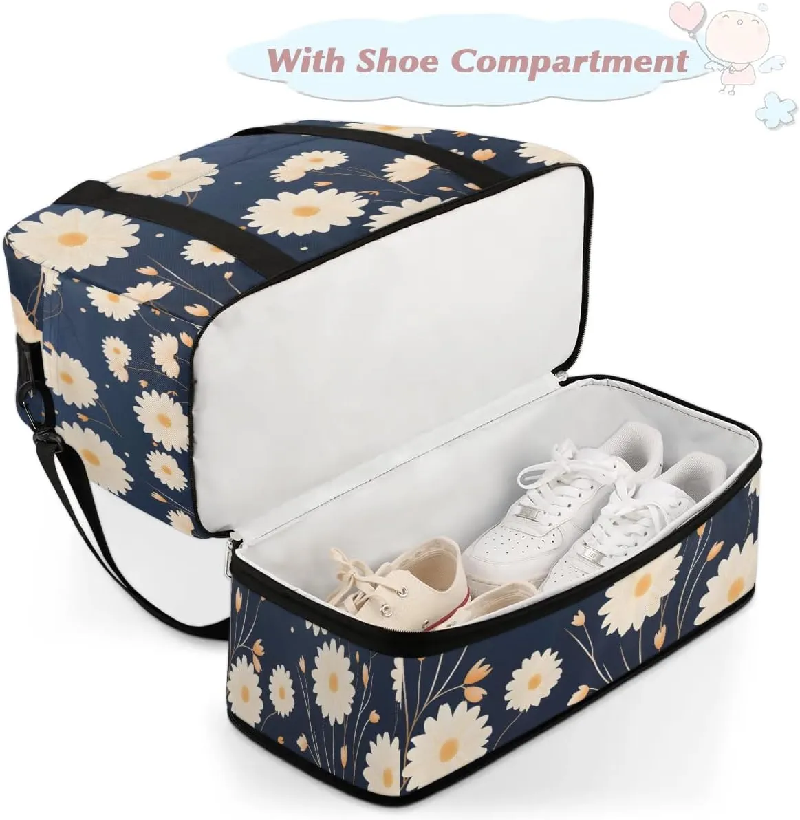 Exquisite Drawing Flower Print Travel Duffle Bag, Collapsible Travel Bag Sports Gym Bag With Shoes Compartment Weekender Bag Overnight Bag For Women Men